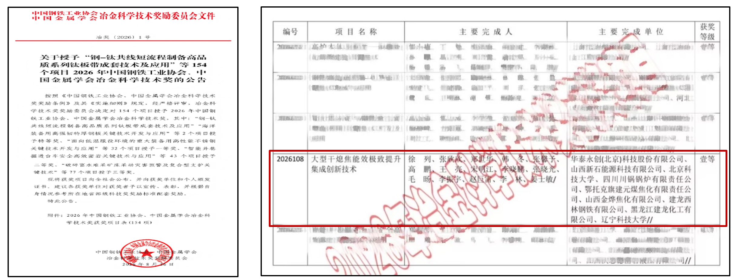 “大型干熄焦能效极致提升集成创新技术”荣获2026年冶...